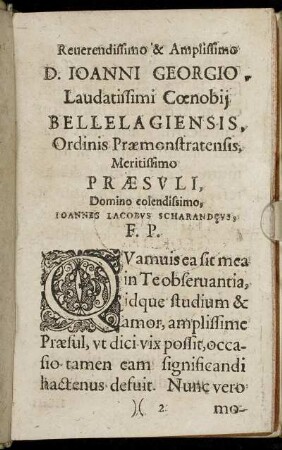 Reverendissimo ... D. Joanni Georgio ... Bellelagiensis Ordinis Praemonstratensis Praesuli ...