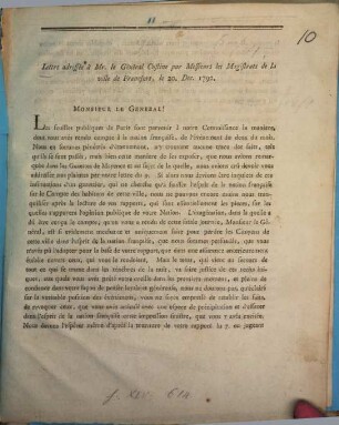 Lettre adressée à M. le Général Custine par Messieurs les Magistrats de la ville de Francfort, le 20. Dec. 1792.