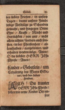 Kinder-Gebetlein, um Erhaltung des Worts Gottes, und den lieben Frieden.