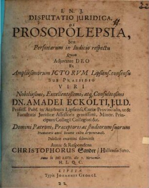 Diss. iur. de prosopolepsia, seu personarum in iurdicio respectu