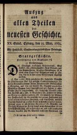 XX. Stück. Coburg, den 15. May, 1762.