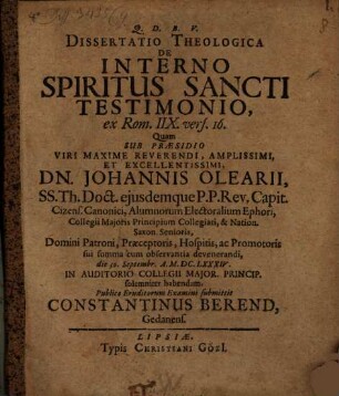 Dissertatio Theologica De Interno Spiritus Sancti Testimonio : ex Rom. IIX. vers. 16.