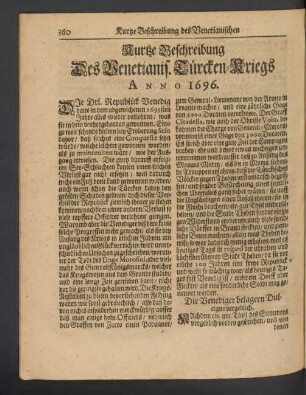 Kurtze Beschreibung Des Venetianis. Türcken-Kriegs Anno 1696.
