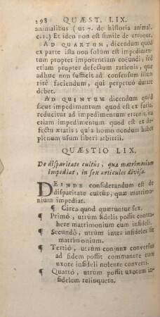 Quaestio LIX. D edisparitate cultùs, quae matrimonium impediat, in sex articulos divisa.
