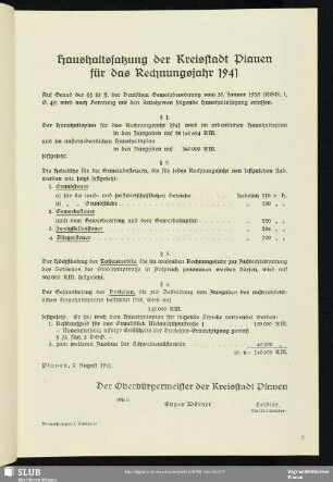 Haushaltssatzung der Kreisstadt Plauen für das Rechnungsjahr 1941