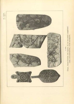Pl. XXV. I, 239. Klinge, houten blokken met figuren, bij het tatoueeren aangewend
