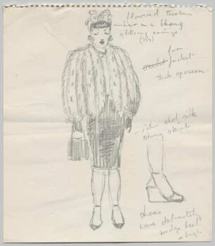 Eine kurze Jacke in Pelzoptik über schmalem Rock, ein Turban mit Blumen und eine Detailansicht eines Fußes mit Keilsohlensandalette (Archivtitel)