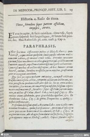Historia 4. Rasis de tinea. Tinea, hirudine super partem affectam, imposita, curata
