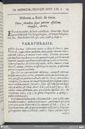 Historia 4. Rasis de tinea. Tinea, hirudine super partem affectam, imposita, curata