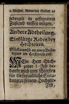 Andere Abtheilung. Einfältige Reden bey Hochzeiten.