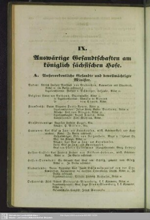 IX. Auswärtige Gesandschaften am königlich sächsischen Hofe