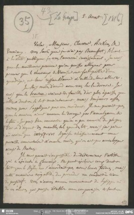 Eigenh. Brief von Guillaume Favre an August Wilhelm von Schlegel, La Grange, 02.08.1816