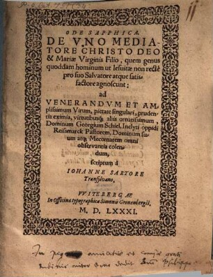 Ode sapphica de uno mediatore Christo Deo et Mariae Virginis filio
