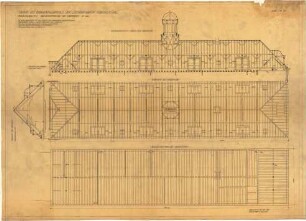 Billing, Hermann; Frankenthal, Zuckerfabrikstr.; Zuckerfabrik, Umbau Verwaltungsgebäude - Hauptbau, Dachkonstruktion, Zimmerarbeiten: Dachstuhl (Längsschnitt); Sparrenlage (Aufsicht); Balkenlage (OG)