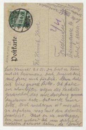 Postkarte von Kurt Schwitters an Hannah Höch mit Abbildung: "Kurt Schwitters, Stilleben mit Abendmahlskelch; 1909." Hannover