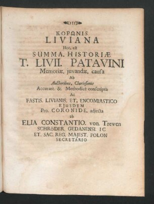 Korōnis Liviana Hoc. est Summa. Historiae T. Livii Patavini