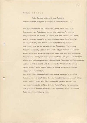 [W183]: Kein Denken außerhalb der Sprache : Jürgen Rennert "Ungereimte Prosa" : Union-Verlag 1977