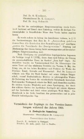 Verzeichnis der Zugänge zu den Vereins-Sammlungen während des Jahres 1900