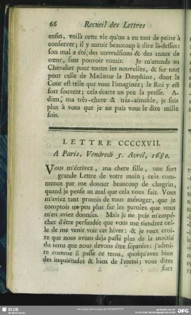 Lettre CCCCXVII. A Paris, Vendredi 5. Avril, 1680