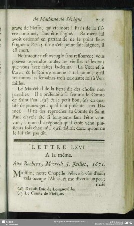 Lettre LXVI. A la même. Aux Rochers, Mécredi 8. Juillet, 1671