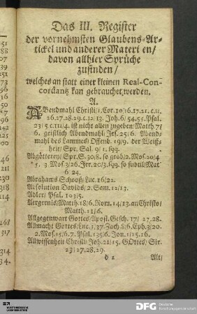 Ds III. Register der vornehmsten Glauben-Artickel und anderer Materien, davon allhier Sprüche zu finden [...]