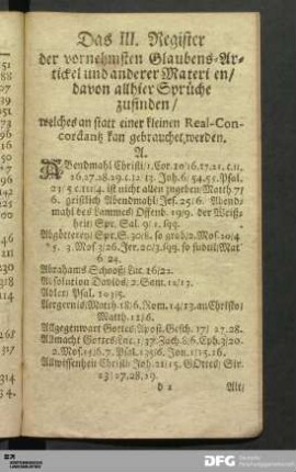 Ds III. Register der vornehmsten Glauben-Artickel und anderer Materien, davon allhier Sprüche zu finden [...]