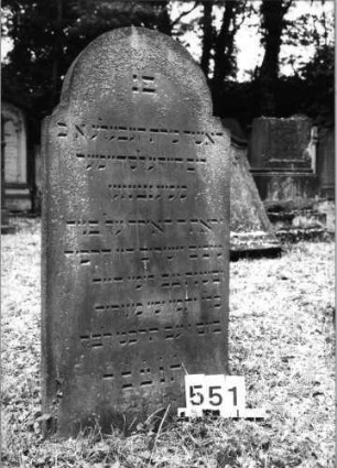 Grabstein 551 (Index: 99630052) Material: Sandstein Zustand: leicht verwittert Maße HxBxT: 100x50x8 cm Beschreibung: Stele mit eingezogenem Rundbogenabschluß: Grabstein 551