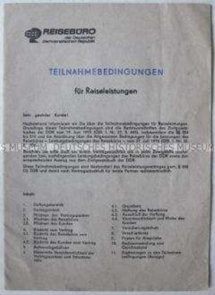 Merkblatt des Reisebüros der DDR mit den Teilnahmebedingungen