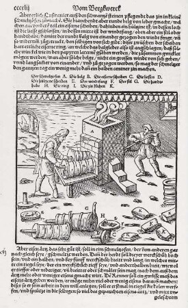 Verhüttung - Schmelzofen für Zinnstein der Lusitanier (Pyrenäenhalbinsel). Legende: A Der Ofen - B Die Blasebälge - C Die eiserne Scheibe - D Die Düse - E Die hölzerne Scheibe - F Das Windventil - G Die Handhabe - H Der Henkel - I Die eisernen Ringe - K Zinnbarren : Verhüttung - Schmelzofen für Zinnstein der Lusitanier (Pyrenäenhalbinsel). Legende: A Der Ofen - B Die Blasebälge - C Die eiserne Scheibe - D Die Düse - E Die hölzerne Scheibe - F Das Windventil - G Die Handhabe - H Der Henkel - I Die eisernen Ringe - K Zinnbarren. Repro aus: Agricola, Georgius: De re metallica liber nonus, Seite 337, Basel 1556
