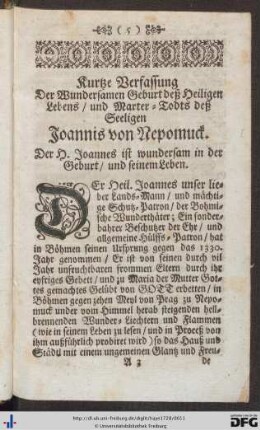 Kurtze Verfassung der Wundersamen Geburt deß Heiligen Lebens und Marter-Todts deß Seeligen Joannis von Nepomuck.