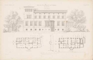 Villa Liegnitz, Potsdam: Grundriss EG, 1.OG, Vorderansicht (aus: Atlas zur Zeitschrift für Bauwesen, hrsg. v. G. Erbkam, Jg. 11, 1861)