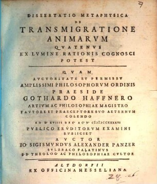 Diss. metaphys. de transmigratione animarum, quatenus ex lumine rationis cognosci potest