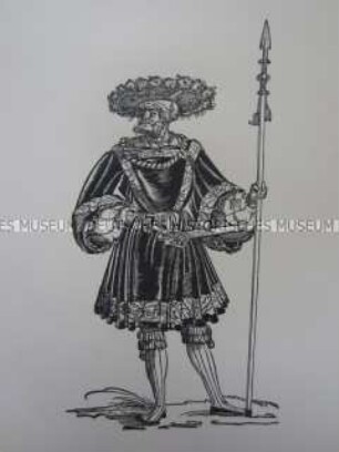 Kriegerdarstellung, Hauptmann der Landsknechte mit Spieß, um 1520.