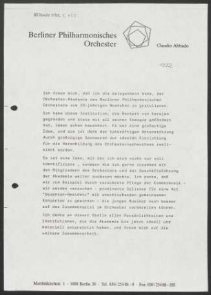 Kurzer Text von C. Abbado anlässlich des 20-jährigen Bestehens der Orchester-Akademie des Berliner Philharmonischen Orchesters