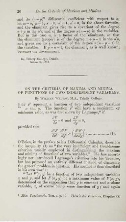 On the criteria of maxima and minima of functions of two independent variables.