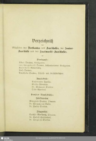 Verzeichniß der Mitglieder des Vorstandes und Ausschusses, der Sonder-Ausschüsse und des Saatmarkt-Ausschusses