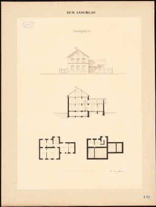 Steuergebäude: Ansicht, Schnitt, 2 Grundrisse