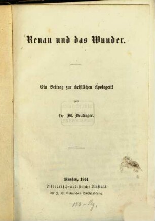 Renan und das Wunder : ein Beitrag zur christlichen Apologetik