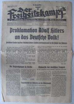 Tageszeitung der NSDAP für den Gau Sachsen "Der Freiheitskampf" u.a. zur Zerschlagung der Tschechoslowakei