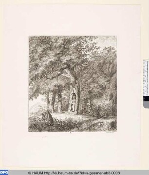 Baumlandschaft mit Satyrn und einer Nymphe im hohlen Baum