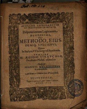 Disputationum Logicarum ..., 12. De Methodo, Eiusdemq[ue] Speciebvs