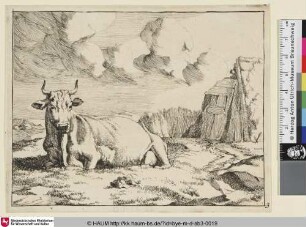 [Une vache couchée, vue de trois quarts; Liegende Kuh dem Betrachter zugewandt, rechts hinter ihr eine zerfallene Hütte und ein Zaun]