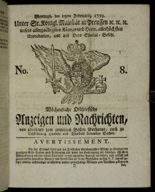 No. 8. Montags, den 19ten Februarii, 1759.