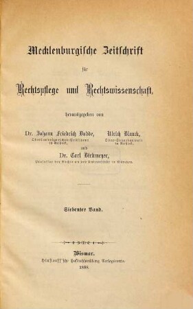Mecklenburgische Zeitschrift für Rechtspflege, Rechtswissenschaft, Verwaltung. 7. 1887 (1888)