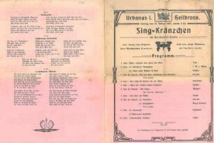 Programmzettel mit Liedtexten des Gesangvereins Urbanus I für ein Singkränzchen im Harmonie-Saal