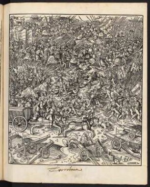 Der erste Kampf von Thérouanne : Beck, Leonhard (Inventor): Der erste Kampf von Thérouanne , Bl. 126. recto. Holzschnitt; 264 x 225 mm (Blattgröße). 1510-1515. Aus: Maximilian, Kaiser I. Treitzsaurwein, Marx [Bearb.]. Burgkmair, Hans [Ill.]: Der Weiß-Kunig: [eine Erzählung von den Thaten Kaiser Maximilian des Ersten] ; [Zusammenstellung der ersten Probeabzüge von den Holzschnitten aus dem 16. Jahrhundert]. Dresden: SLUB S.B.563