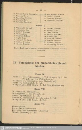 IV. Verzeichnis der eingeführten Schulbücher