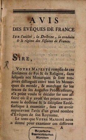 Avis Des Evêques De France Sur l'utilité, la Doctrine, la conduite et le régime des Jésuites de France