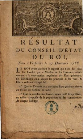 Résultat du Conseil d'État du Roi : Tenu à Versailles le 27 Décembre 1788