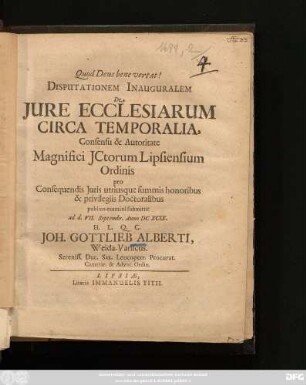 Disputationem Inauguralem De Iure Ecclesiarum Circa Temporalia
